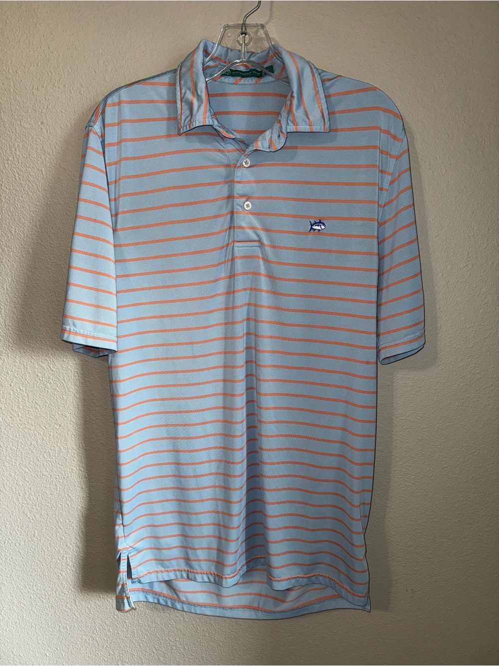 Southern Tide Light Blue and Orange Striped Polo